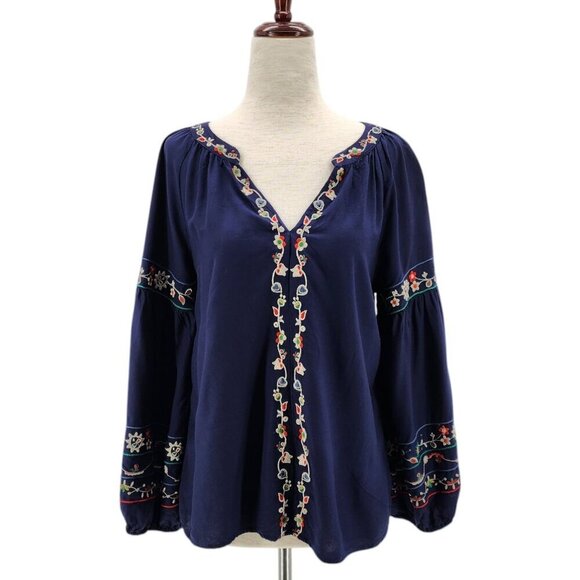 Velvet by Graham & Spencer Embroidered Floral Navy Blue Peasant Top Womens XS - Picture 9 of 9
